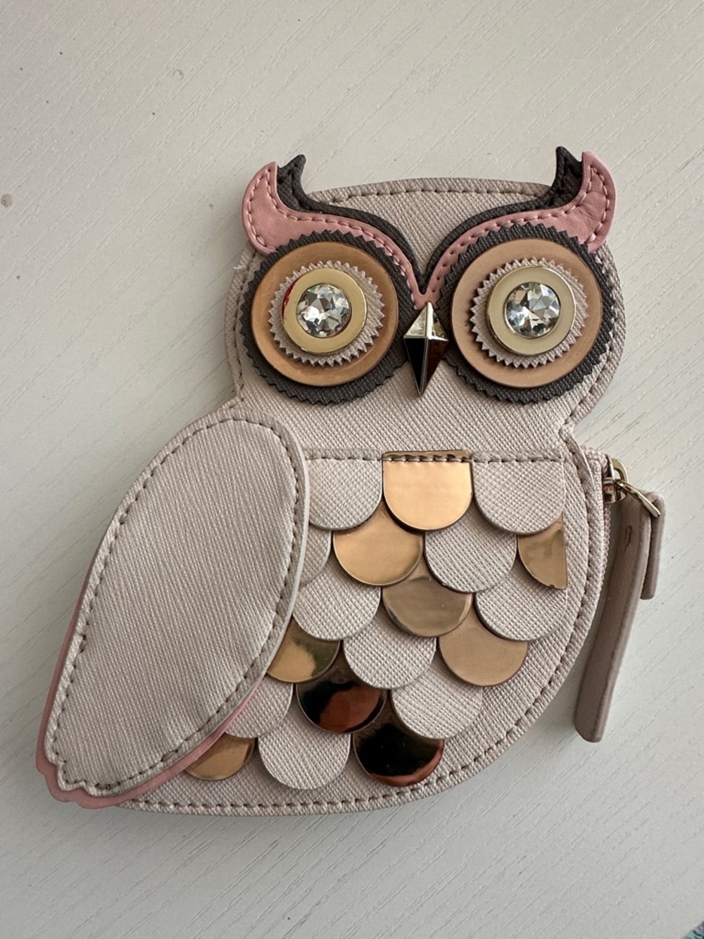kate spade leather Owl Coin Pouch zip side crystal gold
